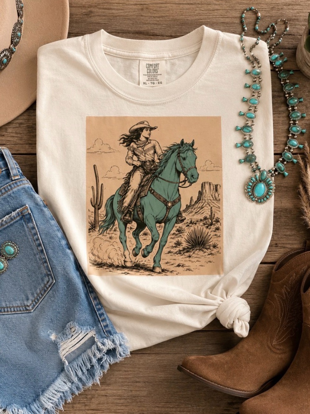 Graphic Cowgirl Short Sleeve Tee - Cream with Teal Print